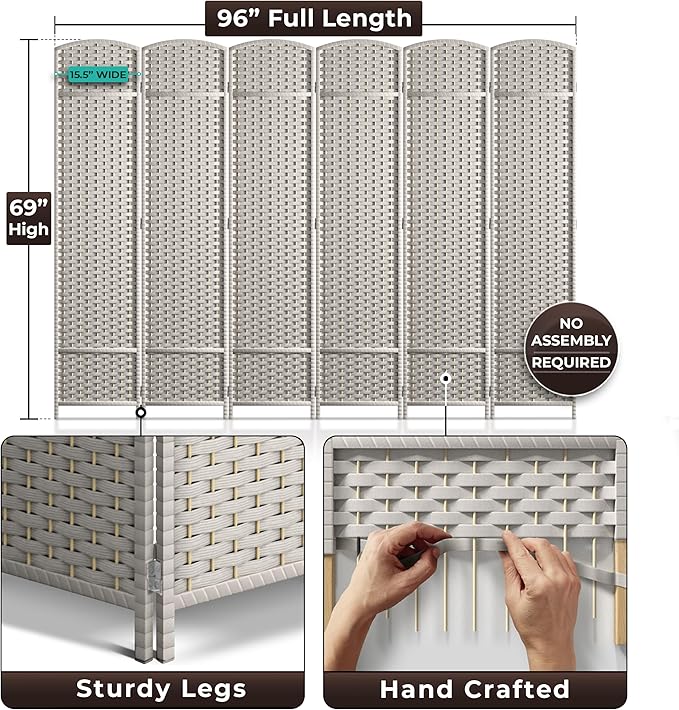 Sorbus 6 Panel Room Divider 6 ft. Tall - Privacy Screen, Extra Wide Double Hinged Panels, Mesh Hand-Woven Design, Partition Room Dividers and Folding Privacy Screens, Wall Divider for Room Separation Sorbus