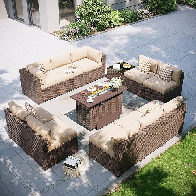Aoxun Patio Furniture Set with Fire Pit Table, 12 Piece Outdoor Sectional Sofas, 10 Seats Wicker Outdoor Furniture with Thickened Cushion for Backyard, Garden (Brown Rattan Begin Cushions) Aoxun