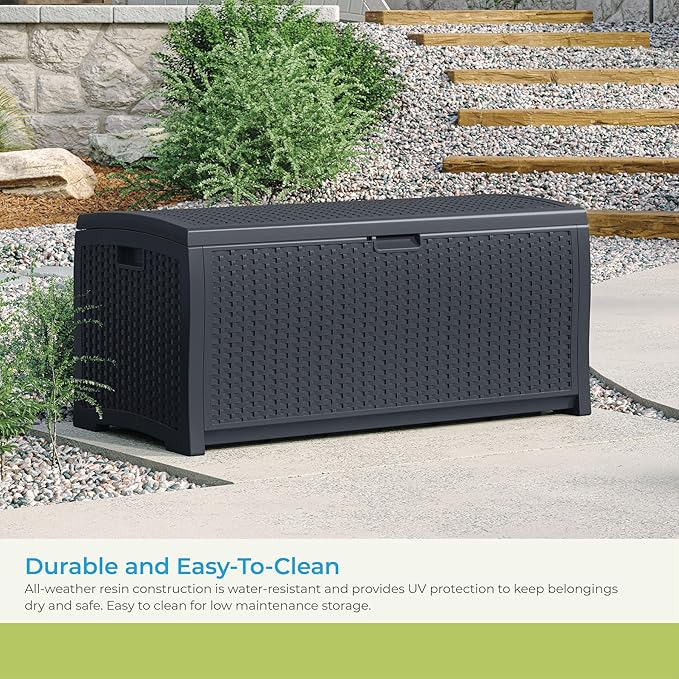 Suncast Outdoor Storage Box - 73 Gallon Cyberspace Resin Wicker Deck Box with Lockable Lid, Outdoor Storage Bin for Patio Cushions, Shoes, Pool & Garden Gear, Made in USA Suncast