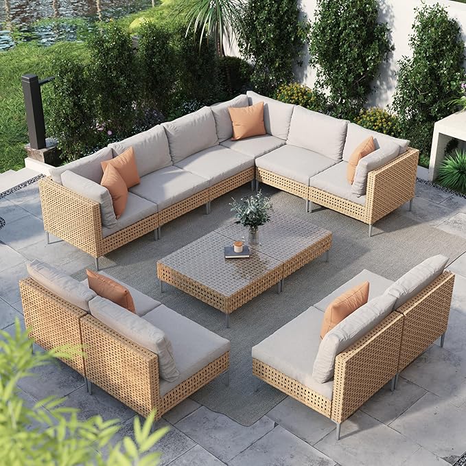 Grand patio 12-Piece Wicker Patio Furniture Set, Boho Outdoor Conversation Set Sectional Sofa with Water Resistant Beige Thick Cushions and Coffee Table, Cream GrandPatio