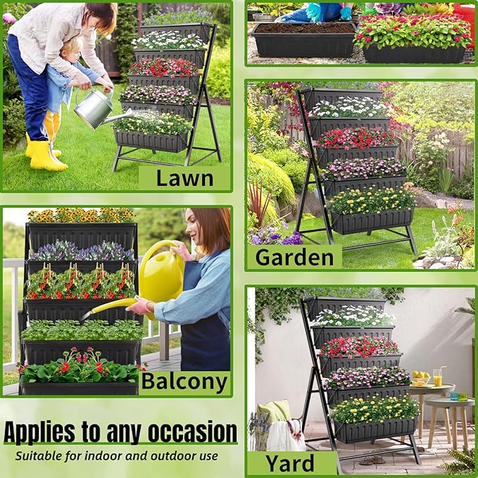 Homdox 3.74FT Vertical Garden Bed, 5 Tiers Vertical Raised Garden Planter, 23 * 26 * 45Inch Outdoor Garden Raised Bed with 4 Hooks, Vegetable Flower Planter Raised Stand for Garden Patio Yard, Black HOMDOX
