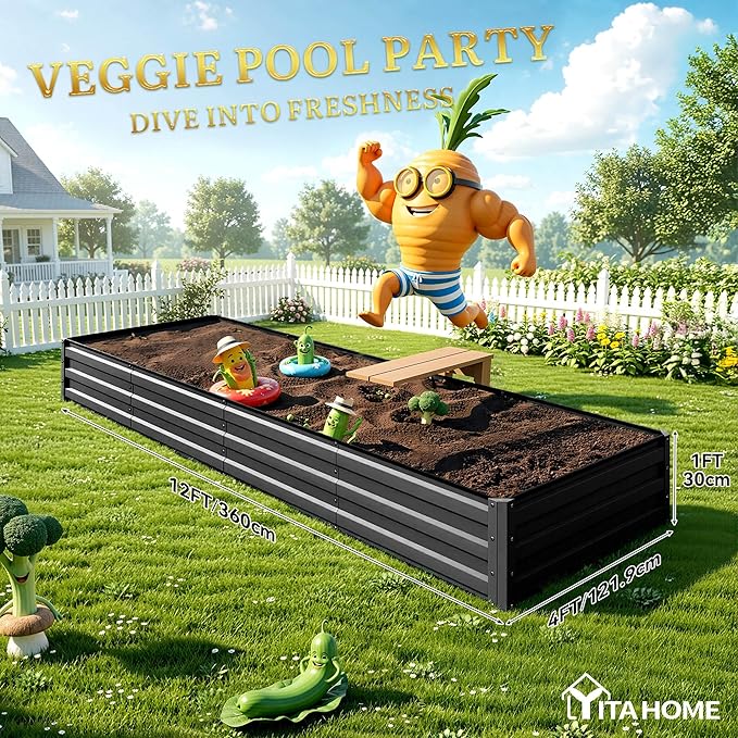 YITAHOME 4pcs 12x4x1 ft Galvanized Raised Garden Bed Kit, Large Metal Planter Box with Gloves, Safety Rubber & Support Rod, Outdoor Flower Bed for Plants Vegetables, Black YITAHOME