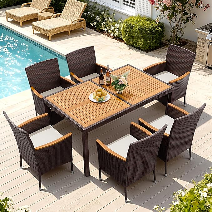 Devoko Dining 7 PCS Furniture, Patio Conversation Set with Acacia Wood Table Top, Outdoor, Beige Cushion and Brown Rattan DEVOKO