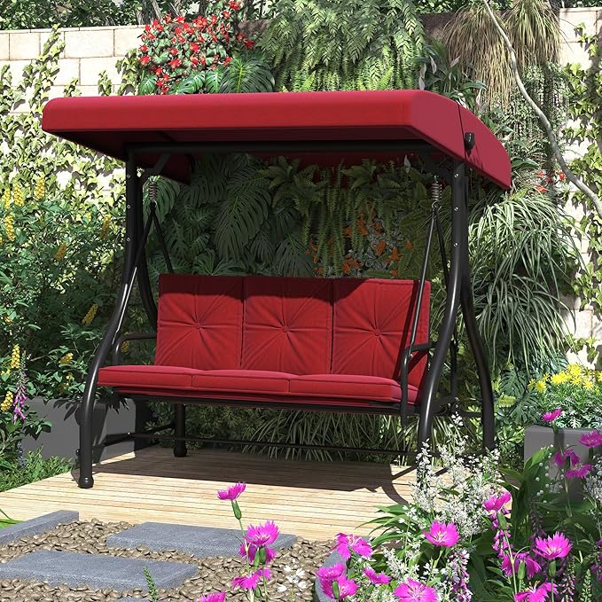 U-MAX Porch Swing Chair with Adjustable Backrest&Canopy, 3 Seat Patio Swing with Canopy 2-in-1 Convertible Outdoor Swing with Canopy Patio Daybed with Removable Burgundy Cushions U-MAX