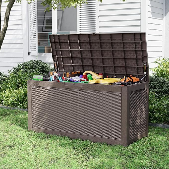 Outdoor Storage Box, Resin Deck Boxes Indoor and outdoor, Waterproof Storage Box Lockable Lid (Grey, 101 Gallon) NBYSGO