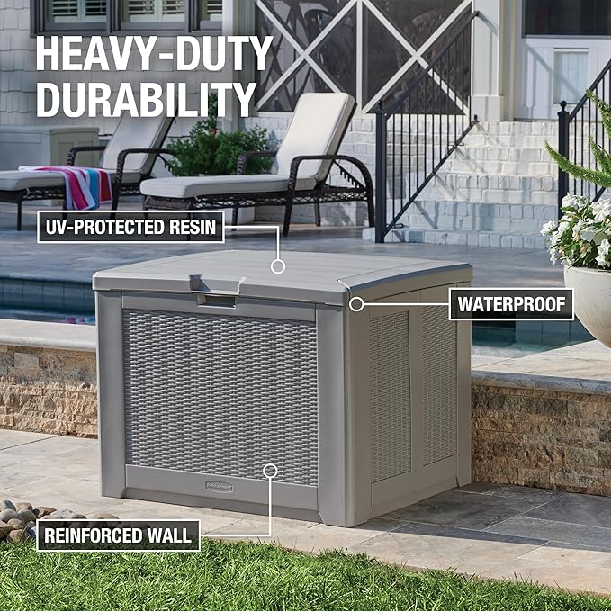 Rubbermaid Medium Resin Outdoor Storage Deck Box (74 Gal) Weather Resistant Gray Deck Organization for Home/Backyard/Pool Chemicals/Toys/Garden Tools/Porch/Patio Cushions Rubbermaid