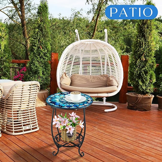 Outdoor Side Table Round Small Mosaic Patio Accent Indoor End Plant Coffee Tea Table for Yard Patio Porch Garden Living Room, Bedroom(Mandala Style,12 Inch) Cinnvoice