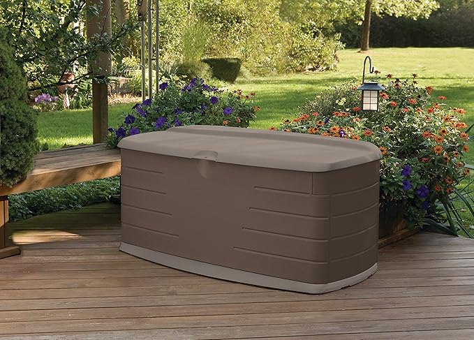 Rubbermaid Large Resin Outdoor Storage Deck Box with Seat (90 Gal), Weather Resistant, Brown, Deck Organization for Home/Backyard/Pool Chemicals/Toys/Garden Tools/Porch/Patio Cushions Rubbermaid
