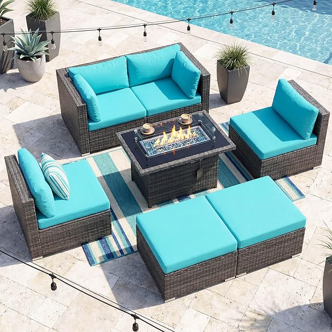 NICESOUL 29.3'' High-Back Outdoor Patio Furniture Set with Firepit Propane & Natural Gas, Oversized Deep Seat Rattan Conversations for Tall People, 7 Piece Couches, 2 Color Cushions Turquoise & Grey NICESOUL