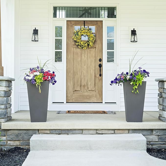 Step2 Tremont Tall Square Tapered Planter, Large Planters for Outdoor Plants, Gardening and Flower Pot for Patio or Porch, Efficient Drainage, Durable Plastic, Dark Cedar, 2-Pack Step2