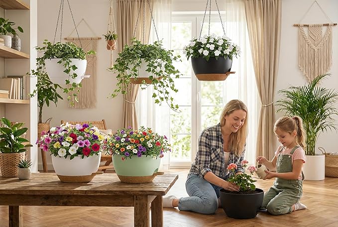 Hanging Planters, 3-Pack 10 Inch Self-Watering Pots with Drainage Holes and Chains, Matte Plastic Planters for Indoor/Outdoor Plant（Black Brown） Rootora