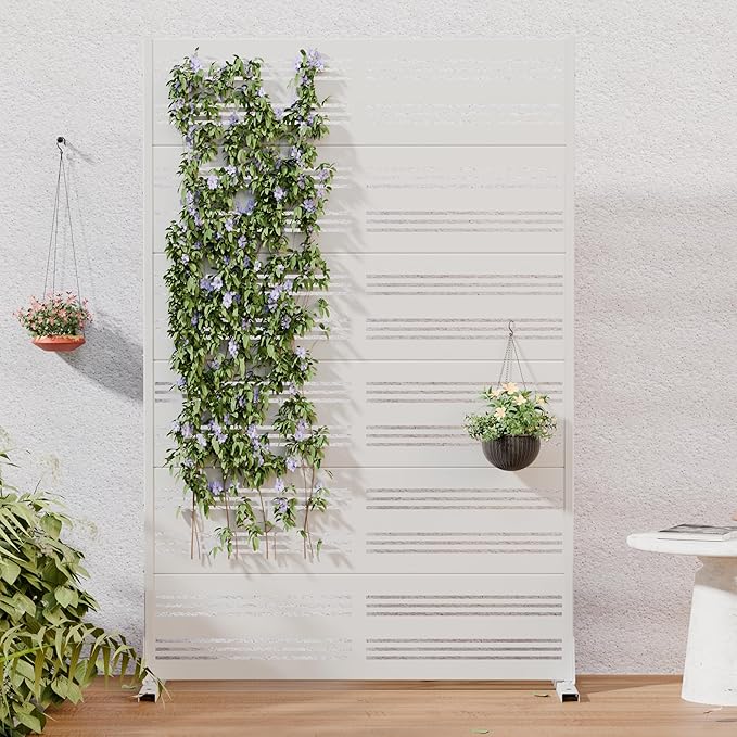 Casaphoria Metal Privacy Screen Outdoor, 72" H x 47" W Freestanding Decorative Privacy Screen for Patio Deck Balcony Garden with Stable Base, White-Harold Casaphoria