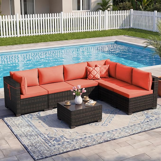 LEVELEVE 7 Pieces Outdoor Patio Furniture Sets,Rattan Conversation Sectional Set,Manual Weaving Wicker Patio Sofa with Tea Table Enjoyyourlife