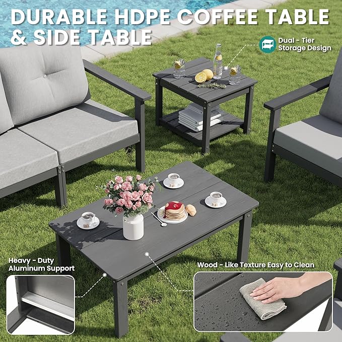 6-Piece HDPE Patio Furniture Set, Outdoor Sectional Sofa Set,All Weather Outdoor Couch with Dust-Free Cushions, Durable Patio Conversation Sets for Balcony, Porch, Gray Rootora
