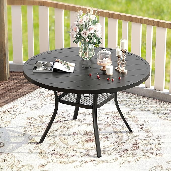 VICLLAX Patio Dining Set for 6, Outdoor Furniture Set Includes 47.2" Round Patio Table and 6 Patio Sling Chairs, Black Tabletop and Brown Fabric HOME