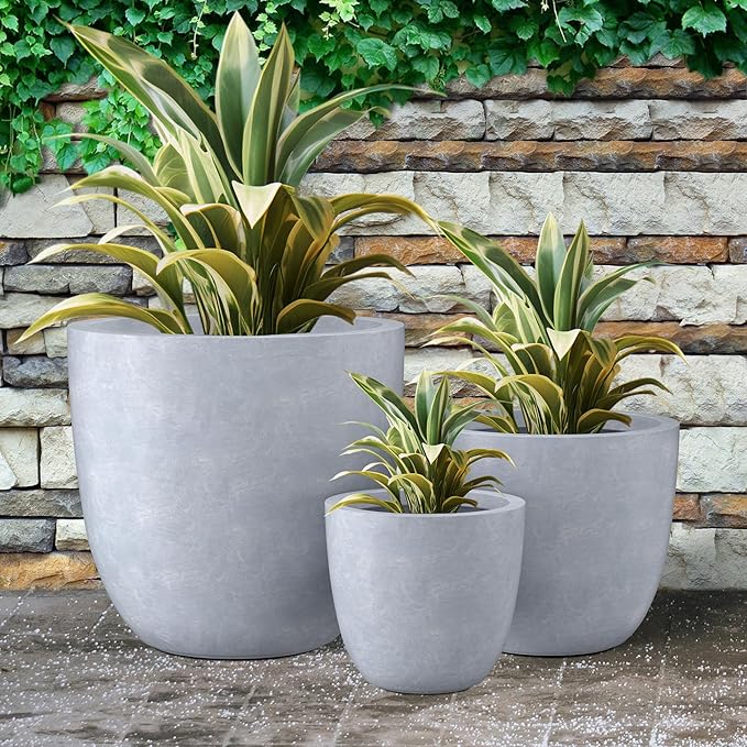 Kante 18",14",10" Dia Concrete Round Planters (Set of 3), Outdoor Indoor Large Planter Pots with Drainage Hole and Rubber Plug for Home Patio Garden, Slate Gray Kante