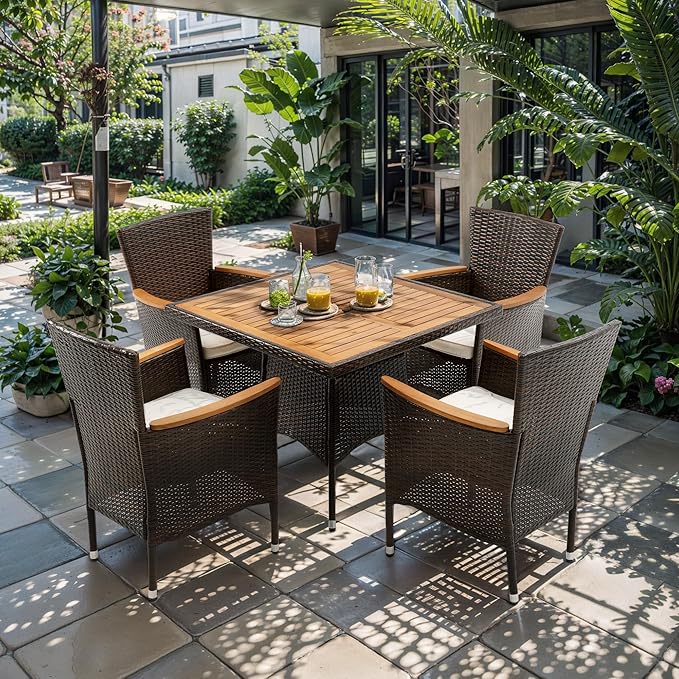 RoyalCraft 5 Piece Patio Wicker Dining Sets for 4, Water-Resistant Rattan Outdoor Dining Table and 4 Chairs with Wood Table Top, Conversation Set for Deck, Garden, Backyard, Removable Cushions, Brown Bringyoubetterlife