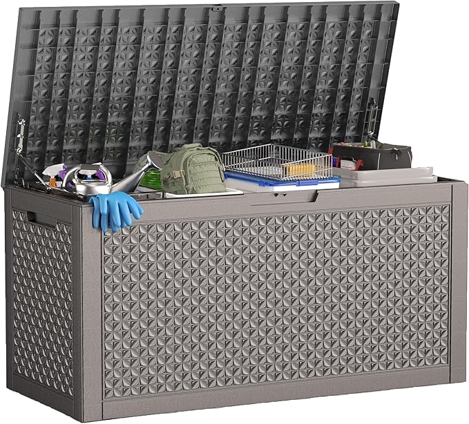 ROJIK Outdoor Storage Housing Deck Box - Waterproof Patio Furniture, Garden Tools, Cushions, Pool Accessories Storage Bench with Lockable Lid and Side Handles (Grey,125 Gal) ROJIK