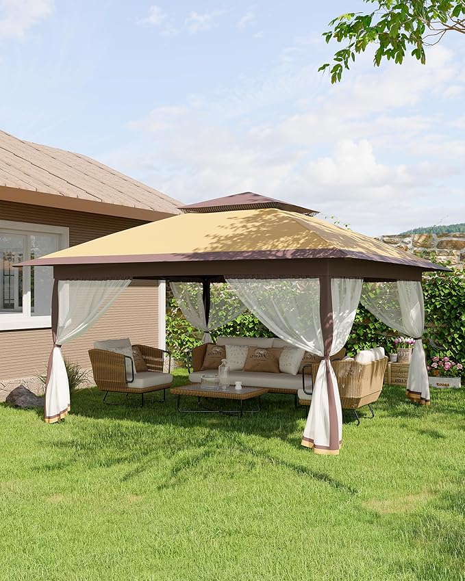 Canopy Tent 13x13 ft, Pop Up Gazebo One-Push Setup with 4 SandBags for Backyard Parties and BBQs, Mosquito Netting & Height Adjustable - Khaki & Coffee GarveeLife