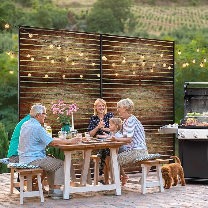 FENCY Metal Outdoor Privacy Screen 72" H×47" W Vintage Wood Color Patio Privacy Screen, Freestanding Decorative for Deck Balcony Patio FENCY
