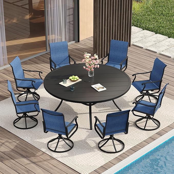 VICLLAX 60" Outdoor Round Patio Table for Lawn Garden, All Weather Metal Round Patio Dining Table with Adjustable Umbrella Hole, Outdoor Table for 8-10 Person, Black Tabletop HOME