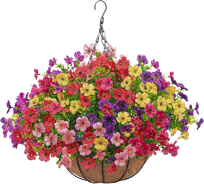 Artificial Faux Hanging Plants Flowers Basket for Outdoors Spring Summer Decoration,Hanging Planters with Fake Silk Flowers UV Resistant Realistic for Outside Porch Patio Balcony Garden （6 Multicolor） Tiabean