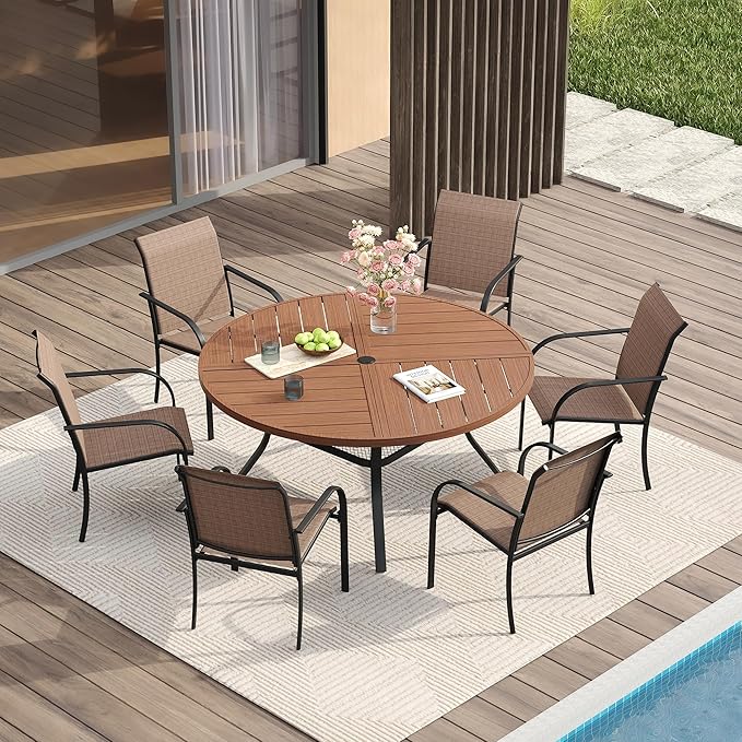 VICLLAX Patio Table and Chair Set of 6, All Weather Metal Round Outdoor Dining Furniture Set-47 Round Outdoor Table and Chairs, Walnut Wood Grain Tabletop HOME