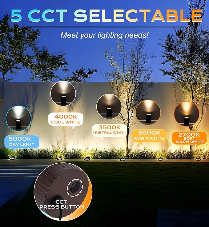 [6 Pack] CLOUDY BAY 9W LED Landscape Well Lights,2700K/3000K/3500K/4000K/5000K Selectable,Low Voltage 12V/24V Ground Lighting,Waterproof Outdoor In Ground Lights for Uplights,Bronze CLOUDYBAY
