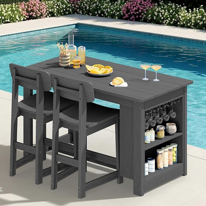 SERWALL 3-Piece Outdoor Counter Height Bar Set, HDPE Patio Bar Table with Wine Rack & Storage Shelf, 2 All-Weather Bar Stools, Patio Bar Dining Furniture Set for 3, Grey SERWALL