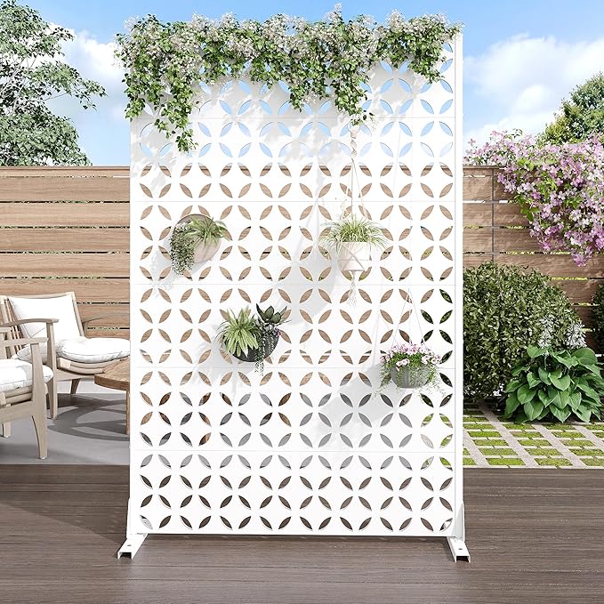 Casaphoria 72" H x 47" W Metal Privacy Screen, Outdoor Freestanding Decorative Divider for Patio, Deck, Balcony, and Garden with Stable Base, White-Daniel Casaphoria