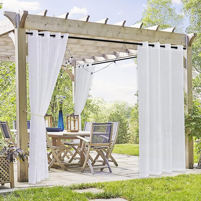 RYB HOME 2 Panels Pergola Curtains Outdoor - Linen Look Waterproof White Sheer Curtains Half Privacy Outdoor Curtains for Patio Porch Pool Hut Spa, 54 inches Wide x 96 inches Long RYBHOME