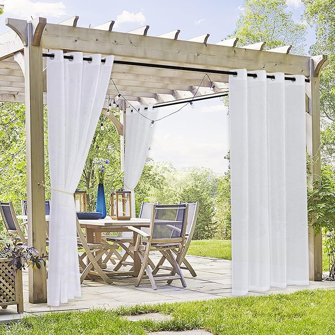 RYB HOME Sheer Outdoor Curtains - 2 Panels Waterproof Curtains White Sheer Privacy Linen Look Voile Drapes for Porch Pavilion Garden Lawn Corridor Sun Room Decor, 2 Tiebacks, W 54 x L 108 inch Long RYBHOME