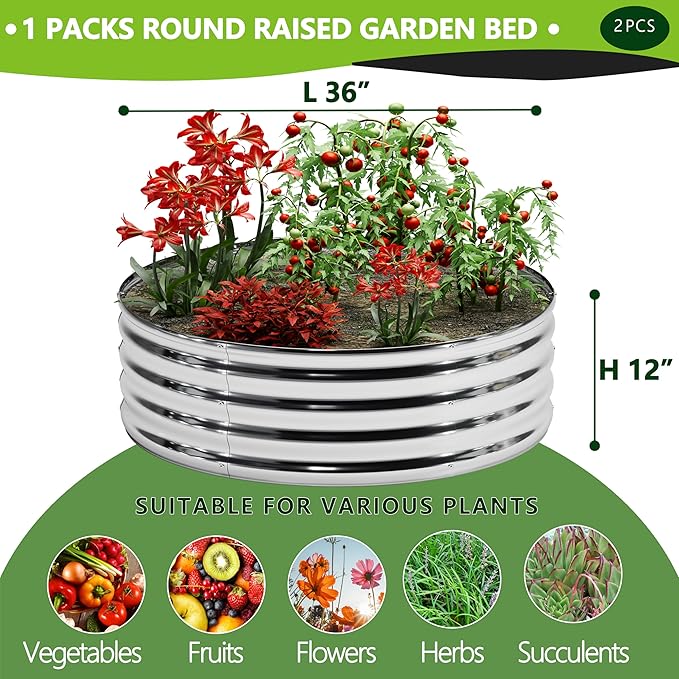 2PCS 3x3x1FT Galvanized Raised Garden Bed Kit,Vegetable Boxes-Round Metal Flower Box,Large Planter Raised Beds Outdoor Garden for Planting,Fruit,Herb-Silver DIIYIV