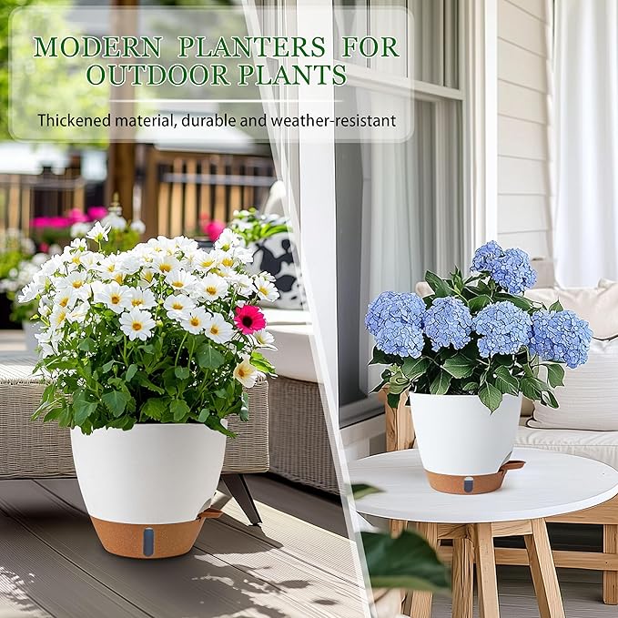 Self Watering Pots for Inoor Ourdoor Plants 10/9/8/7/6.5 Inch Plastic Planters with Drainage Holes & Water Level Indicator, Decorative House Flower Nursery Planting Pots with Saucers ((White) Fielda