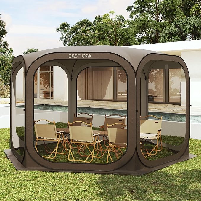 East Oak Screen House Tent Pop-Up, Portable Screen Room Canopy Instant Screen Tent 12 x 12 FT with Carry Bag for Patio, Backyard, Deck & Outdoor Activities, Brown EASTOAK
