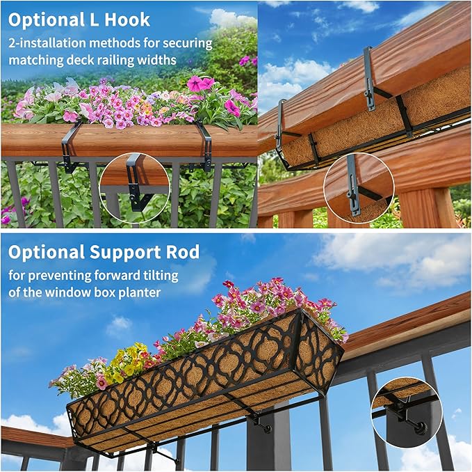 4pcs 24 Inch Window Deck with Coco Liner, 24" Window Boxes Horse Trough with Coconut Coir Liner, Metal Hanging Flower Planter Window Basket Deck Railing Planter Boxes for Outdoor Indoor Lawn LAWYAMAI