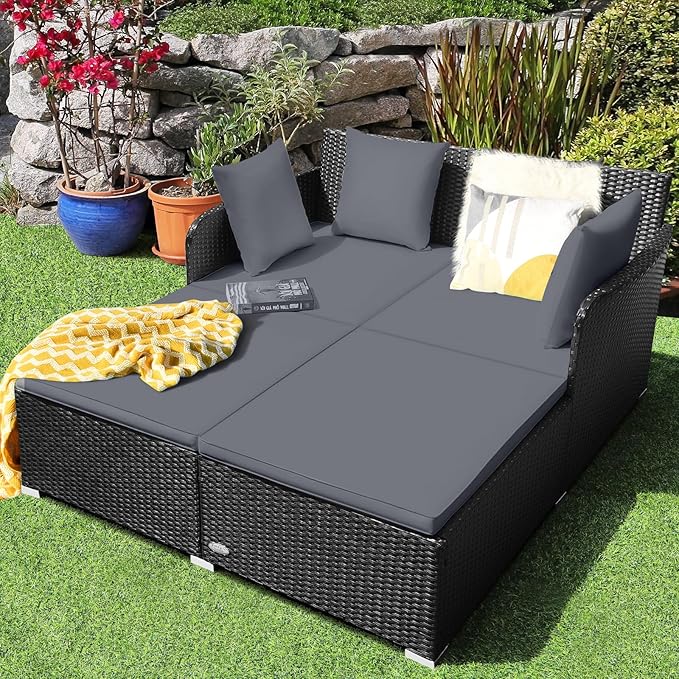 HAPPYGRILL Outdoor Rattan Daybed Patio Loveseat Sofa Set with Padded Cushion Pillows and Sturdy Aluminum Foot Wicker Patio Furniture for Garden Porch Poolside HAPPYGRILL