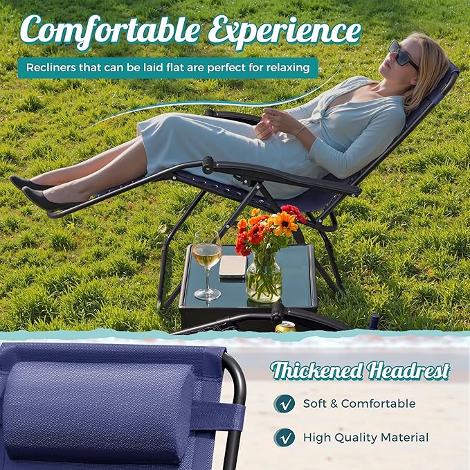 Homall Zero Gravity Chair Patio Folding Lawn Outdoor Lounge Gravity Camp Reclining Lounge Chair with Cup Holder Pillows for Poolside Backyard and Beach Set of 2 (Blue) Homall