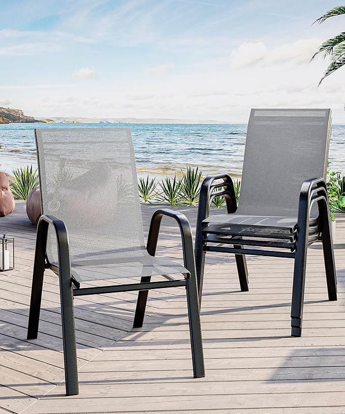 Outdoor Stackable Dining Chairs Set of 4, High-Back Patio Stacking Chairs, Patio Chairs with Textilene Farbic & Metal Frame for Lawn Backyard Deck Garden,Grey Rootora