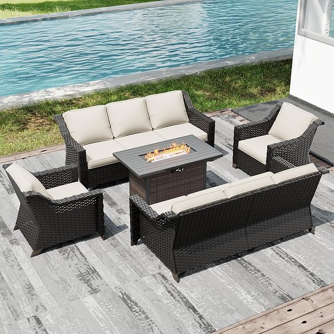 Joyside Wicker Patio Furniture Sets, 5 Pieces Upgraded Large Size Outdoor Furniture with Patio Dining Chair, Two 3-Seat Sofa, Fire Table,Thick Cushions, Wide Armrest, Beige Joyside