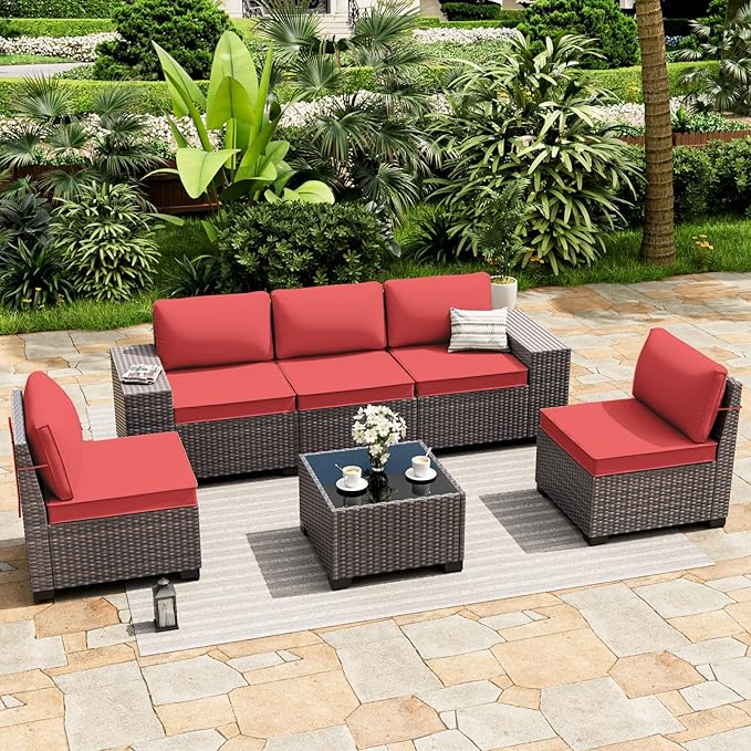 ALAULM 6 Pieces Patio Furniture Set, Oversized Seat/Armrest and High Back Wicker Sectional Furniture Set with Thick Cushion for Backyard, Garden, Red ALAULM