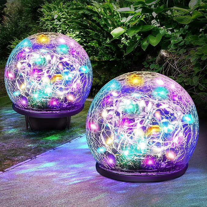 Solar Garden Lights, 4 Pack 120 LED Multicolor Cracked Glass Solar Outdoor Lights Decorative, Upgraded Waterproof Ball Lights for Yard Pathway Patio Lawn Christmas Outside Decor, 3.94 Keevvon