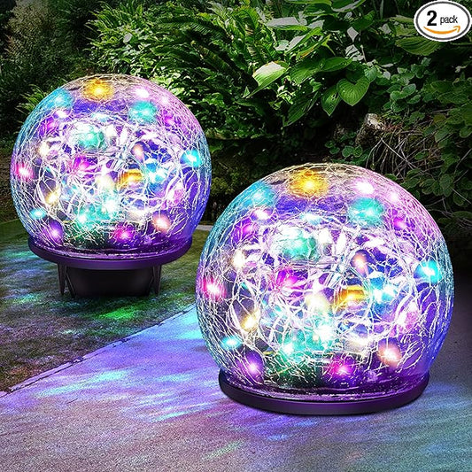 2 Pack 60 LED Garden Solar Lights Outdoor Decorative, Colored Cracked Glass Solar Globe Lights, Upgraded Waterproof Multicolor Ball Lights for Yard Pathway Patio Lawn Outside Decor Keevvon