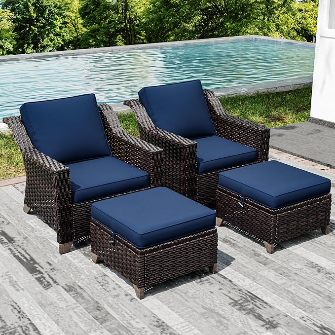 Joyside Wicker Patio Furniture Sets, 4 Pieces Upgraded Large Size Outdoor Furniture with Patio Dining Chairs and Outdoor Ottoman, Thick Cushions, Wide Armrest Joyside