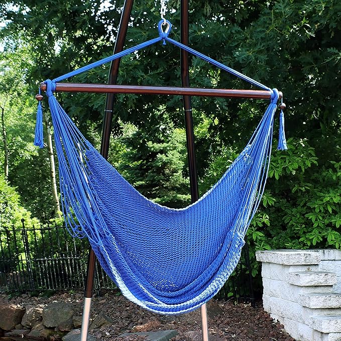 Sunnydaze Outdoor Hammock Chair Swing - Hanging Hammock Swing - Hanging Reading Chair - Soft-Spun Polyester Rope - Caribbean XL - Blue SunnydazeDecor