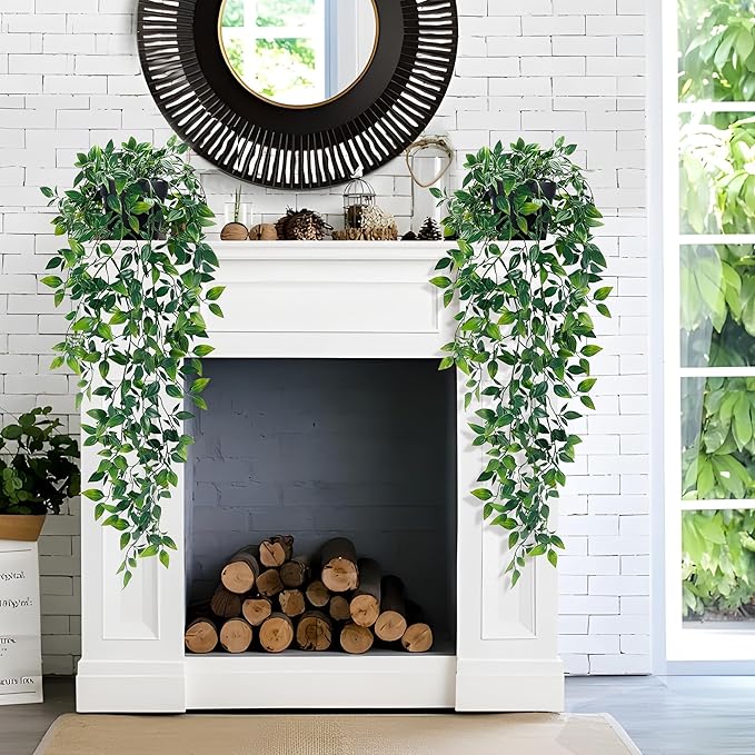 Waipfaru 2Pcs Fake Hanging Plants with Pot Deep Green Eucalyptus Leaves UV Resistant Fake Vines Ivy Artificial Plants Outdoor Faux Plants Indoor Bedroom Living Room Boho Wall Porch Shelf Decor Waipfaru