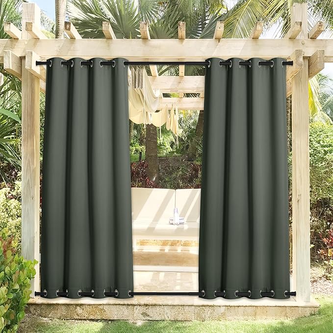 NICETOWN 2 Panels Long Outdoor Curtains Waterproof 108 inch Length for Patio, Windproof Thermal Insulated Rustproof Top and Bottom Grommet Blackout Outdoor Drapes for Porch, W52 x L108 NICETOWN