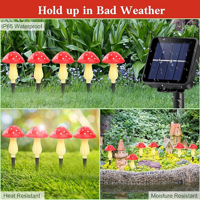 Mushroom Solar Lights Outdoor Waterproof, Whimsical and Cute Solar Mushrooms Stake Lights for Outside with 8 Lights and 8 Modes for Fariy Garden Yard Lawn Path Planter Flower Bed Decor (Red) ReyeeInc