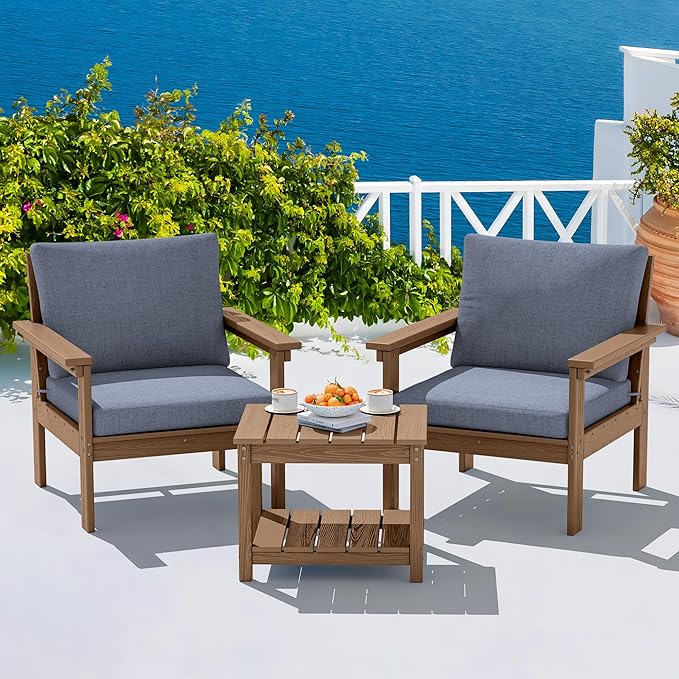 SERWALL HDPE Patio Sofa Set, 3-piece Sectional Outdoor Furniture Set, All Weather Outdoor Couch Set Patio Furniture Set for Deck, Lawn, Brown Frame with Grey Cushion SERWALL