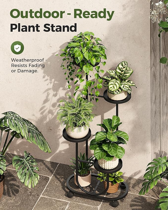 Bamworld Tall Plant Stand Indoor Outdoor Plant Stand with Wheels Heavy Duty Metal Plant Shelf for Multiple Plants Flower Stands for Patio Corner Garden Living Room Balcony, Black Bamworld